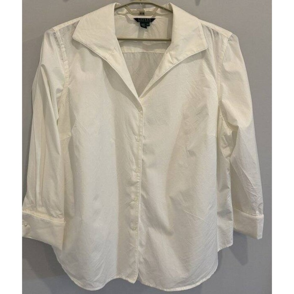 Lauren Ralph Lauren Long Sleeve White Button Front Blouse Piping Trim Pearl Turn